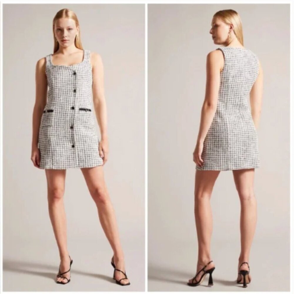 Ted Baker London Lyrrad check sleeveless cotton blend tweed sheath dress size 6